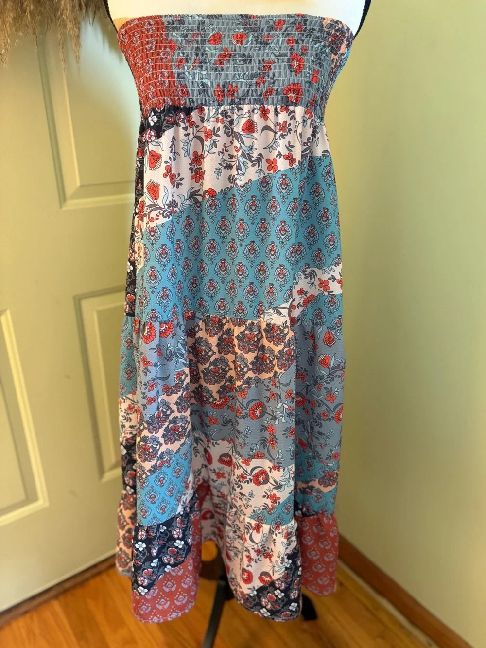 BOHO Printed Patchwork Smocked Waist Maxi Skirt size M - Picture 2 of 11